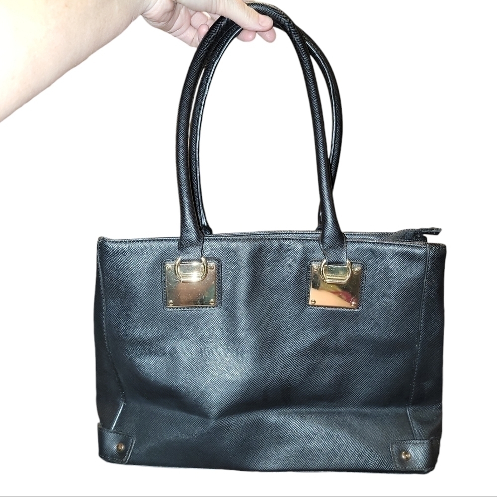 Mossimo black shoulder bag with gold accents. A lot of pockets, zippers, clean - Picture 5 of 11